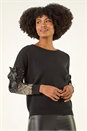 Black Sequin Bow Sleeve Knit Jumper, Image 4 of 5