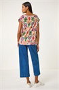 Peach Abstract Print Cuff Sleeve Top, Image 3 of 5