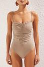Taupe Ruched Sweetheart Neck Strappy Swimsuit, Image 3 of 6
