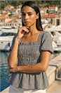Black Dusk Gingham Shirred Peplum Top, Image 2 of 4