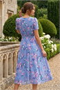 Blue Mini Floral Pleat Neck Dress, Image 3 of 4