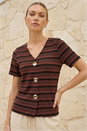 Chocolate Stripe Mock Button Top, Image 2 of 5