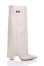 Beige AJVANI Beige High Block Heel Pointed Toe Fold Over Knee Boots, Image 1 of 4