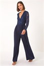 Navy  Sequin Lace V-Neck Stretch Jumpsuit, Image 2 of 5