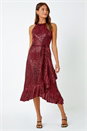 Red Halter Neck Sequin Midi Stretch Dress, Image 1 of 5
