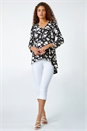 Black Abstract Print Zip Detail V-Neck Stretch Top, Image 2 of 5