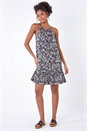 Black Ditsy Floral Frill Hem Dress, Image 2 of 5
