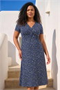 Navy Curve Abstract Twist Front Stretch Midi Dress, Image 1 of 4