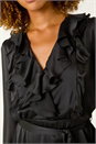 Black Satin V-Neck Ruffle Dress, Image 5 of 6