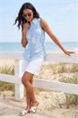Blue Stripe Leaf Embroidered Button Up Blouse, Image 2 of 4