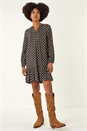 Black Geo Print Pintuck Smock Dress, Image 2 of 5