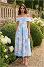 Light Blue Floral Bardot Premium Stretch Midi Dress, Image 1 of 4