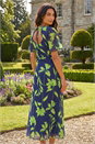 Navy  Leaf Print Back Tie Midi Dress, Image 3 of 4