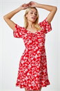 Red Dusk Floral Print Frill Hem Mini Dress, Image 2 of 5