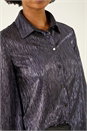 Midnight Blue Foil Plisse Button Through Blouse, Image 5 of 5