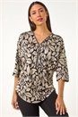 Stone Leaf Print Front Zip Stretch Top, Image 4 of 5