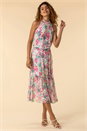 Pink Tie Waist Floral Midi Dress, Image 1 of 4