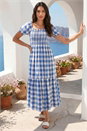 Blue Check Print Shirred Midi Dress, Image 3 of 4