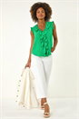 Green V-Neck Ruffle Front Vest Top, Image 2 of 5