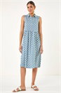 Blue Geometric Diamond Collared Swing Dress, Image 2 of 5