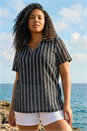 Black Curve Stripe Collared Knit Top, Image 1 of 4