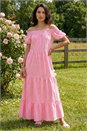 PINK Dusk Gingham Bardot Tiered Maxi Dress, Image 2 of 4