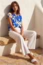 Royal Blue Floral Mono Print V-Neck Shirt, Image 1 of 4