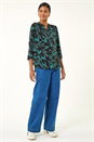 Teal Leaf Puff Print Stretch Top, Image 2 of 5