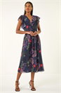 Navy Floral Print Frill Midi Dress, Image 3 of 5