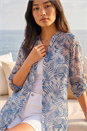Blue Petite Leaf Print Longline Shirt, Image 2 of 4