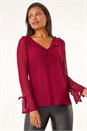 Wine V-Neck Frill Neck Tie Sleeve Mesh Top, Image 2 of 5