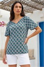 Blue Abstract Print V-Neck Stretch Top, Image 1 of 4