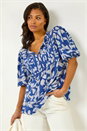 Blue Leaf Print Tie Neck Pleated Top, Image 1 of 6
