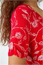 Red Floral Print Stretch Wrap Midi Dress, Image 5 of 5