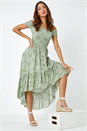 Mint Leaf Print Shirred Bardot Dress , Image 1 of 5