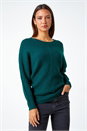 Green Ribbed Geometric Print Batwing Jumper, Image 1 of 5