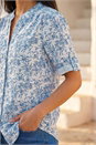 Blue Petite Print Button Up Front Blouse , Image 4 of 4