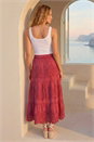 Rust Broderie Elastic Waist A Line Tiered Midi Skirt, Image 3 of 4