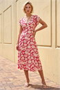 Red Daisy Print Lace Trim Midi Dress, Image 3 of 4
