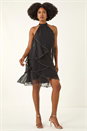 Black Sequin Trim Tiered Halterneck Dress, Image 2 of 5