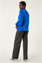 Royal Blue Ruffle Front Keyhole Satin Top, Image 3 of 5