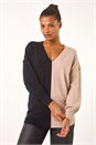 Natural  V-Neck Colour Block Knit Jumper, Image 1 of 7