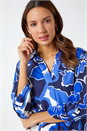 Royal Blue Floral Print V-Neck Pleat Front Top, Image 5 of 6