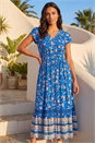 Royal Blue Floral Border Print Midi Dress, Image 2 of 4