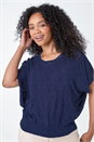Navy  Petite Cotton Blend Textured Knit Top, Image 1 of 5