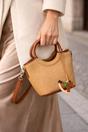 Beige Women's Woven Mini Tote Bag with Ring Handle and Charm Detail, Image 1 of 3