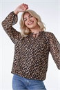 Camel  Leopard Print Metallic Detail Tie Neck Top, Image 1 of 5