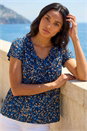 Navy  Printed Ruffle V-Neck Stretch Top, Image 1 of 4