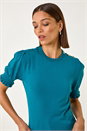 Teal Puff Sleeve Buttoned Knit Top, Image 1 of 5