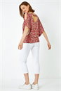 Red Animal Print V-Neck Cold Shoulder Stretch Top, Image 3 of 5